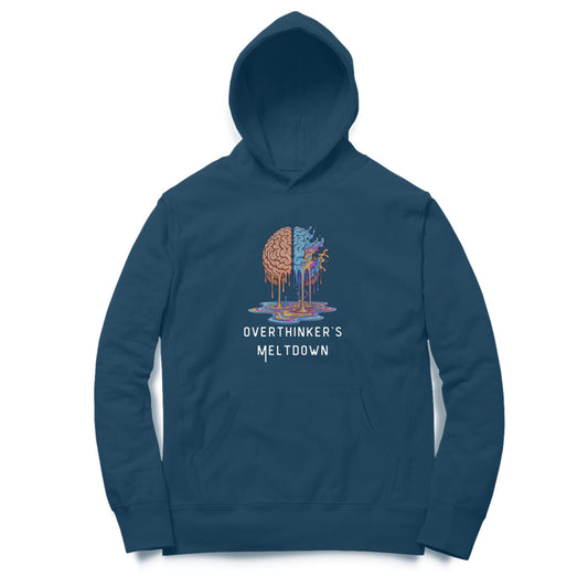 Front View of Overthinkers Meltdown Hoodie – melting brain graphic hoodie Navy Blue variant