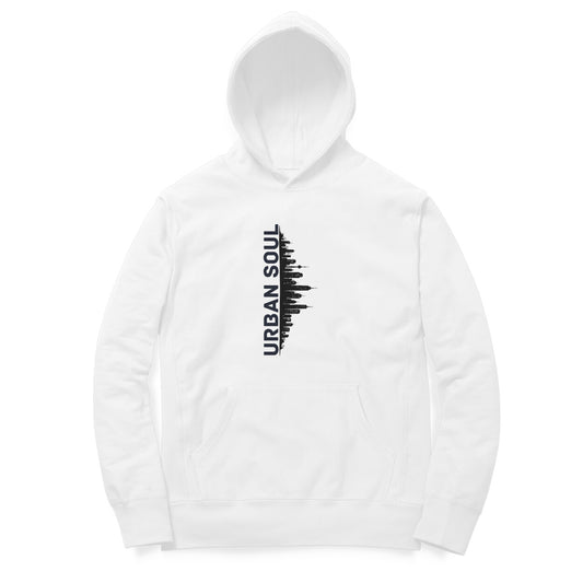 Front View of Urban Soul Cityscape Hoodie for men – cityscape graphic streetwear hoodie White variant