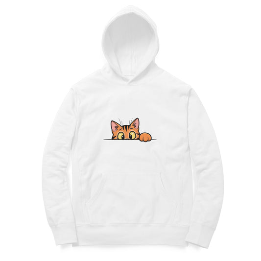 Front View White Sneaky Cat Peek Hoodie – playful cat graphic hoodie for men
