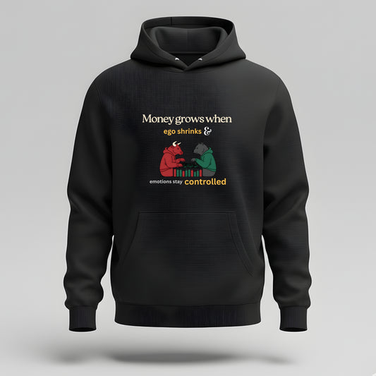 Artisianaura Money Grows When Ego Shrinks Hoodie Front View - Black