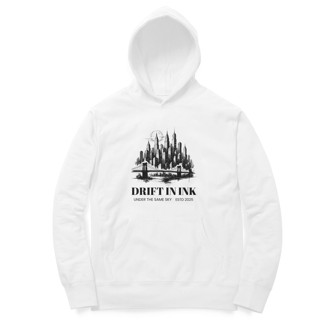 Front View of Cityscape Ink Illustration Hoodie for men – urban graphic streetwear hoodie White variant