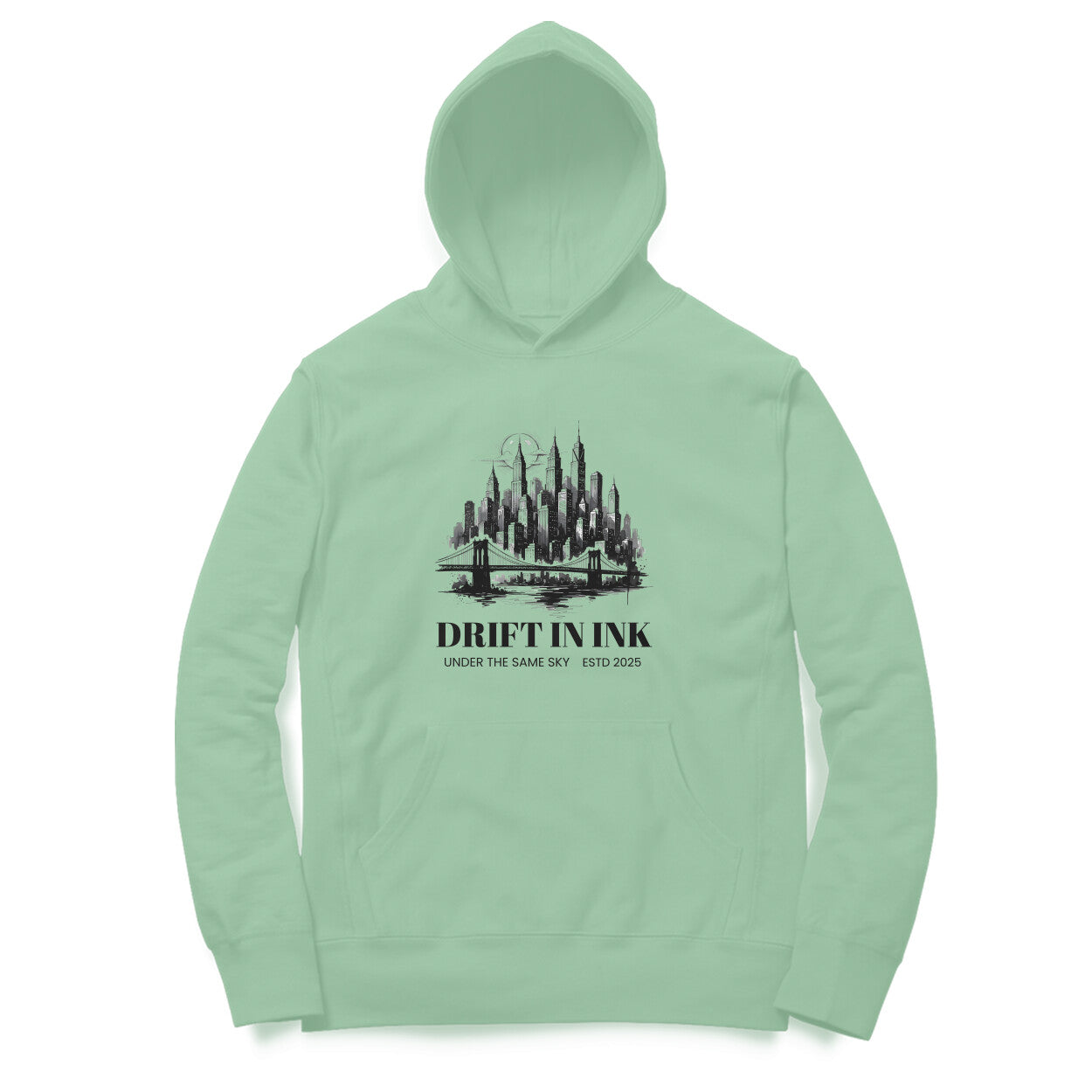 Front View of Cityscape Ink Illustration Hoodie for men – urban graphic streetwear hoodie Mint Green variant