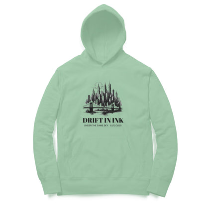 Front View of Cityscape Ink Illustration Hoodie for men – urban graphic streetwear hoodie Mint Green variant