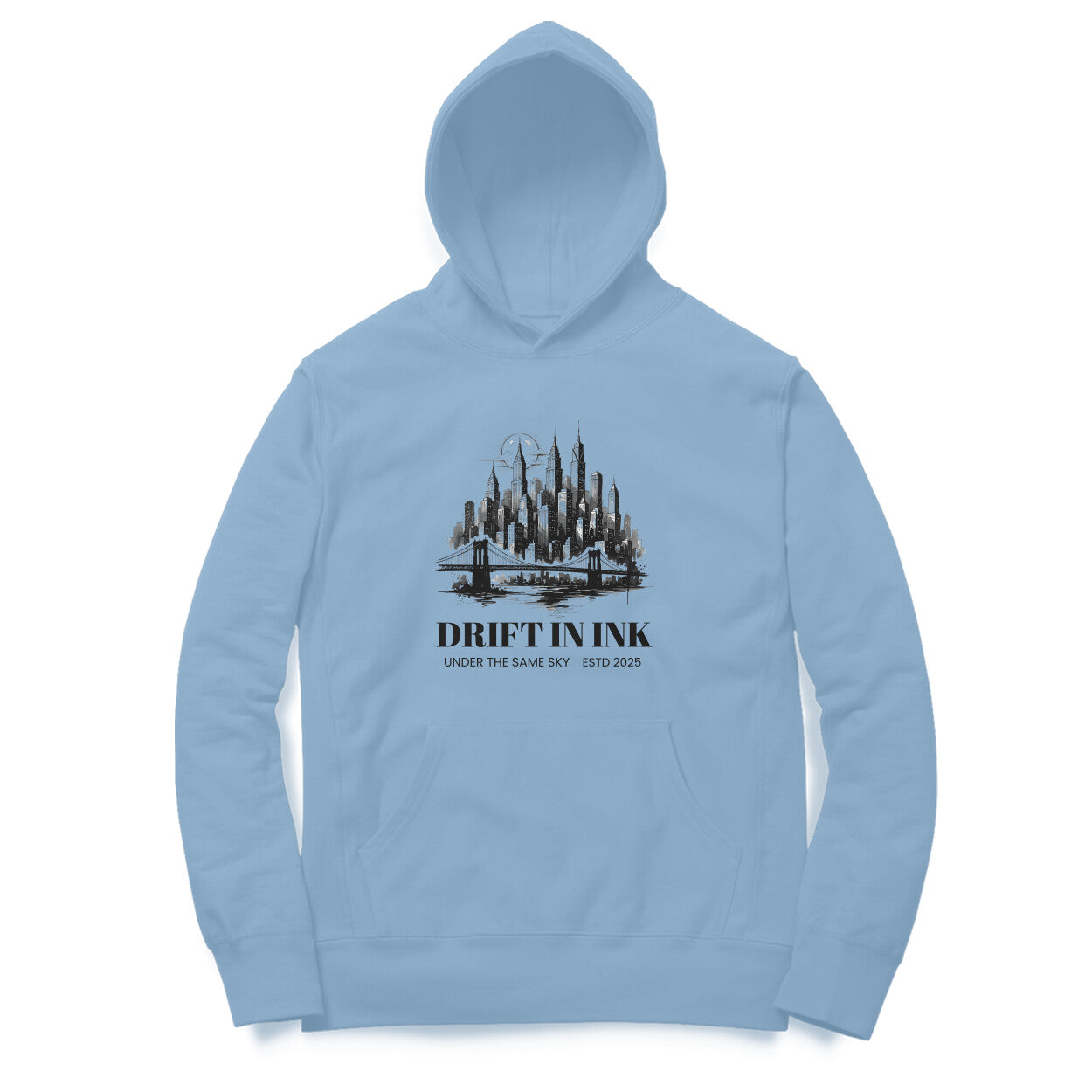 Front View of Cityscape Ink Illustration Hoodie for men – urban graphic streetwear hoodie Baby Blue variant
