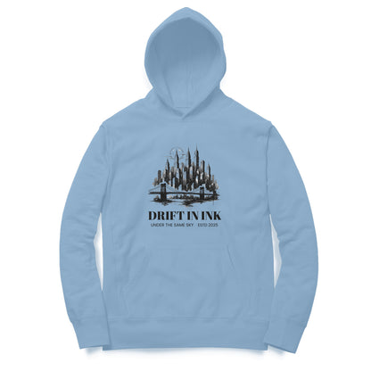 Front View of Cityscape Ink Illustration Hoodie for men – urban graphic streetwear hoodie Baby Blue variant