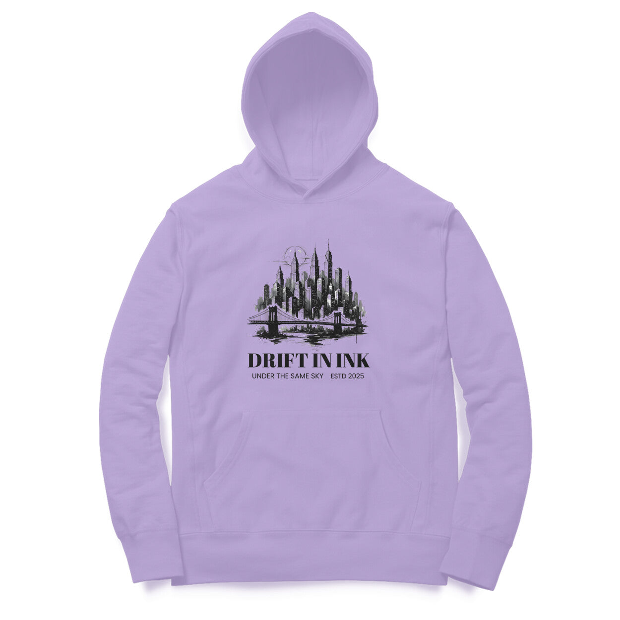 Front View of Cityscape Ink Illustration Hoodie for men – urban graphic streetwear hoodie Iris Lavender variant