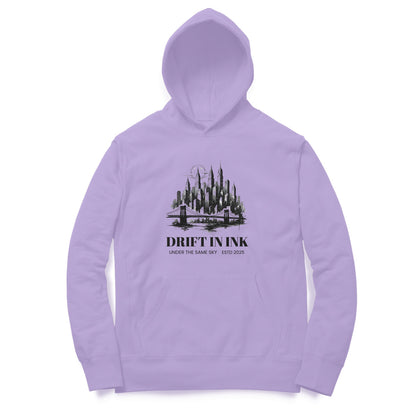 Front View of Cityscape Ink Illustration Hoodie for men – urban graphic streetwear hoodie Iris Lavender variant