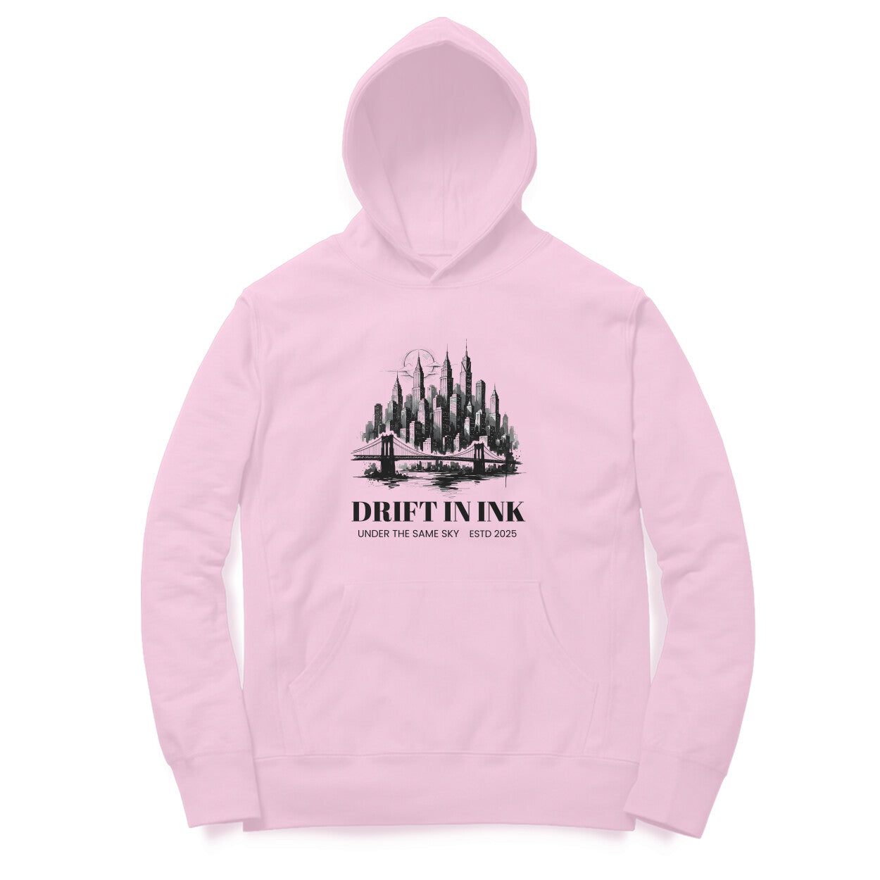 Front View of Cityscape Ink Illustration Hoodie for men – urban graphic streetwear hoodie Light Pink variant