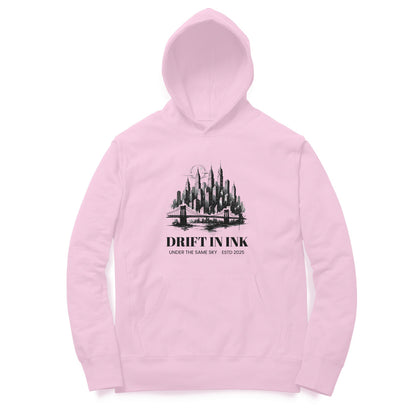 Front View of Cityscape Ink Illustration Hoodie for men – urban graphic streetwear hoodie Light Pink variant
