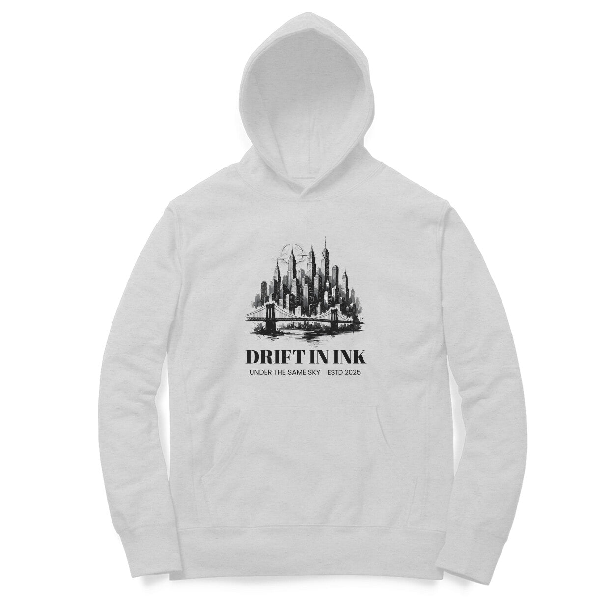 Front View of Cityscape Ink Illustration Hoodie for men – urban graphic streetwear hoodie Melange Grey variant