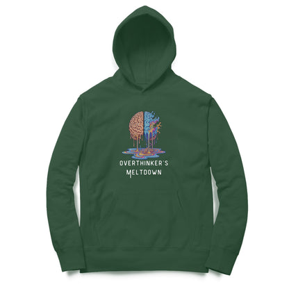 Front View of Overthinkers Meltdown Hoodie – melting brain graphic hoodie Olive Green variant