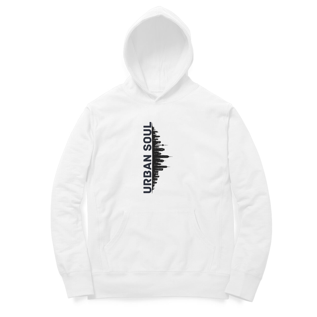 Front View of Urban Soul Cityscape Hoodie for men – cityscape graphic streetwear hoodie White variant
