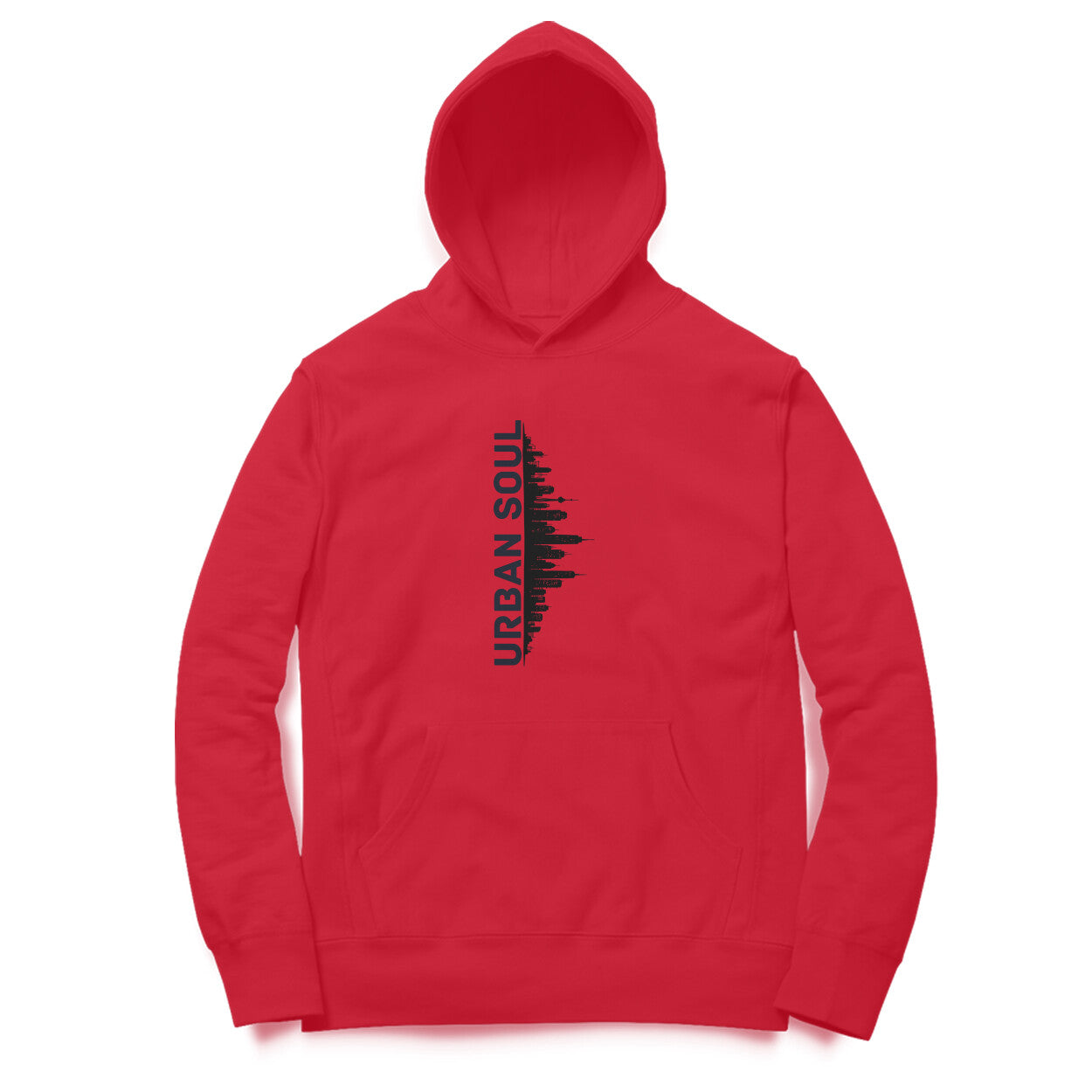 Front View of Urban Soul Cityscape Hoodie for men – cityscape graphic streetwear hoodie Red variant