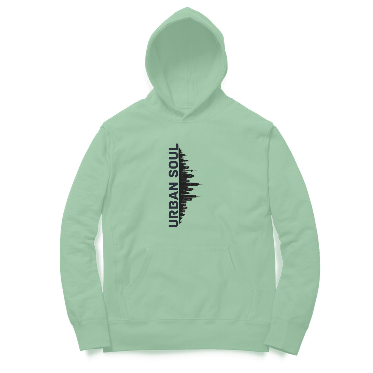 Front View of Urban Soul Cityscape Hoodie for men – cityscape graphic streetwear hoodie Mint Green variant