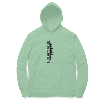 Front View of Urban Soul Cityscape Hoodie for men – cityscape graphic streetwear hoodie Mint Green variant