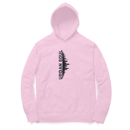 Front View of Urban Soul Cityscape Hoodie for men – cityscape graphic streetwear hoodie Light Pink variant