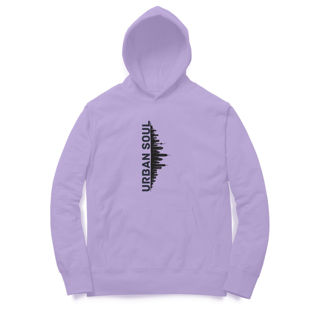 Front View of Urban Soul Cityscape Hoodie for men – cityscape graphic streetwear hoodie Iris Lavender variant