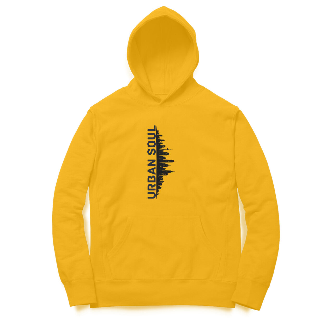 Front View of Urban Soul Cityscape Hoodie for men – cityscape graphic streetwear hoodie Golden variant