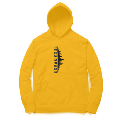 Front View of Urban Soul Cityscape Hoodie for men – cityscape graphic streetwear hoodie Golden variant