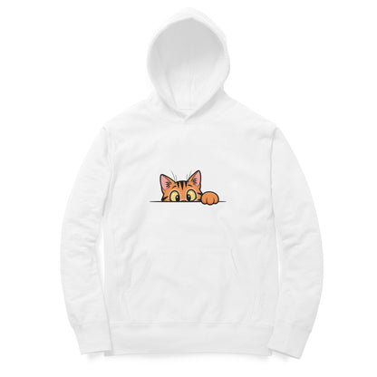 Front View White Sneaky Cat Peek Hoodie – playful cat graphic hoodie for men