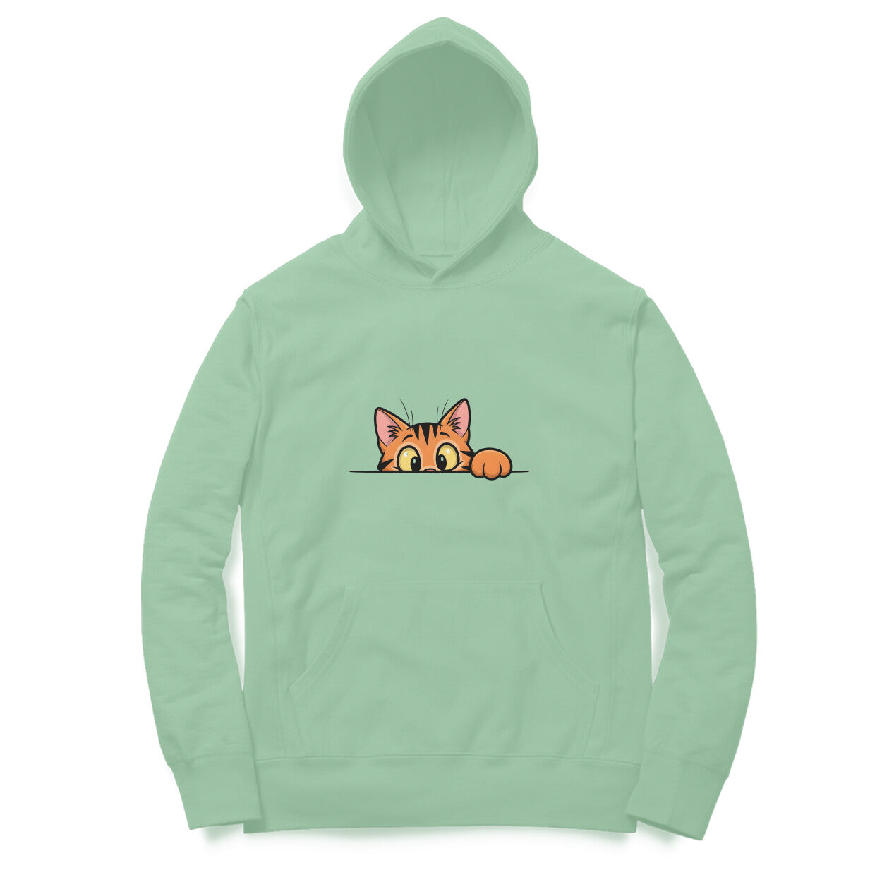Front View Mint Green Sneaky Cat Peek Hoodie – playful cat graphic hoodie for men