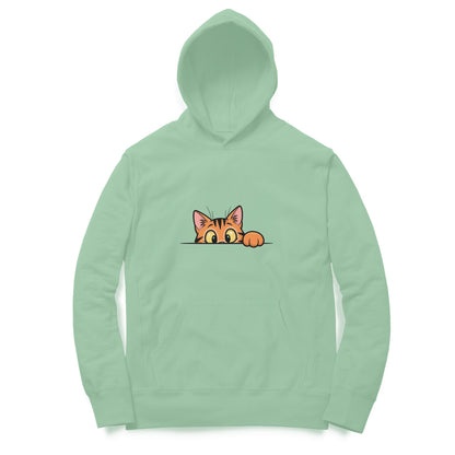 Front View Mint Green Sneaky Cat Peek Hoodie – playful cat graphic hoodie for men