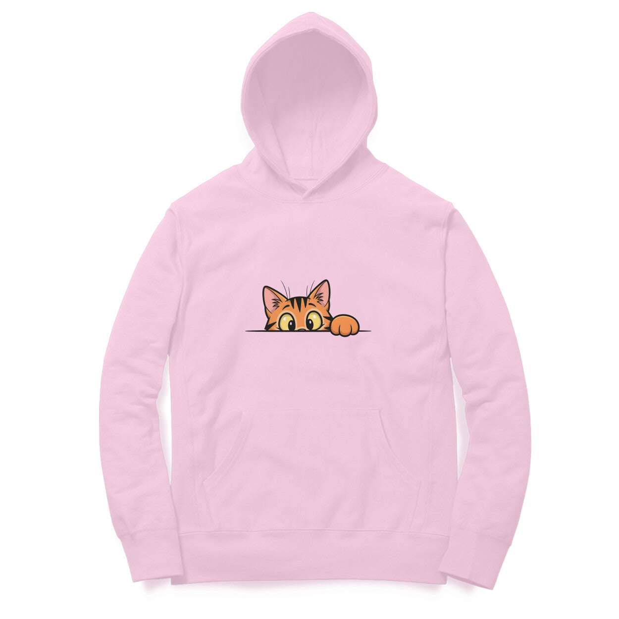 Front View Light Pink Sneaky Cat Peek Hoodie – playful cat graphic hoodie for men