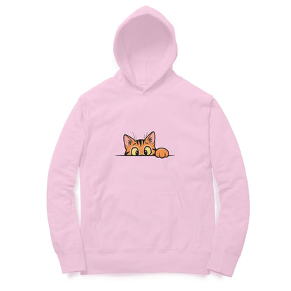 Front View Light Pink Sneaky Cat Peek Hoodie – playful cat graphic hoodie for men