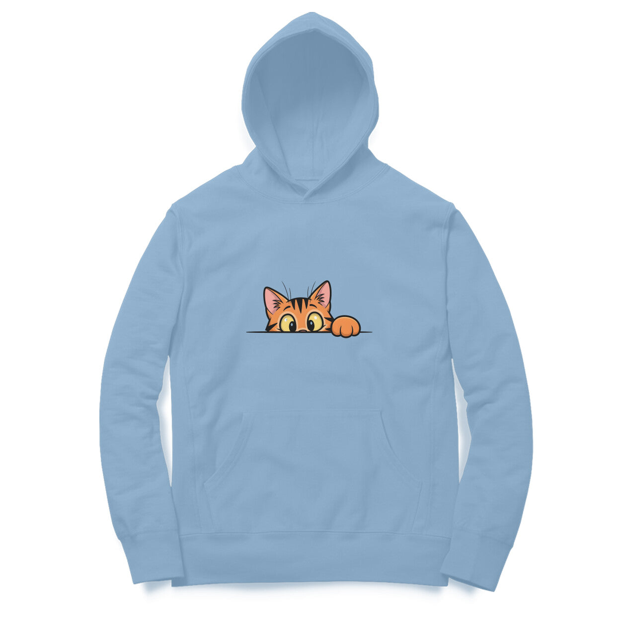 Front View Baby Blue Sneaky Cat Peek Hoodie – playful cat graphic hoodie for men