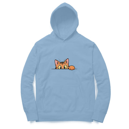 Front View Baby Blue Sneaky Cat Peek Hoodie – playful cat graphic hoodie for men