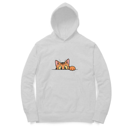Front View Melange Grey Sneaky Cat Peek Hoodie – playful cat graphic hoodie for men