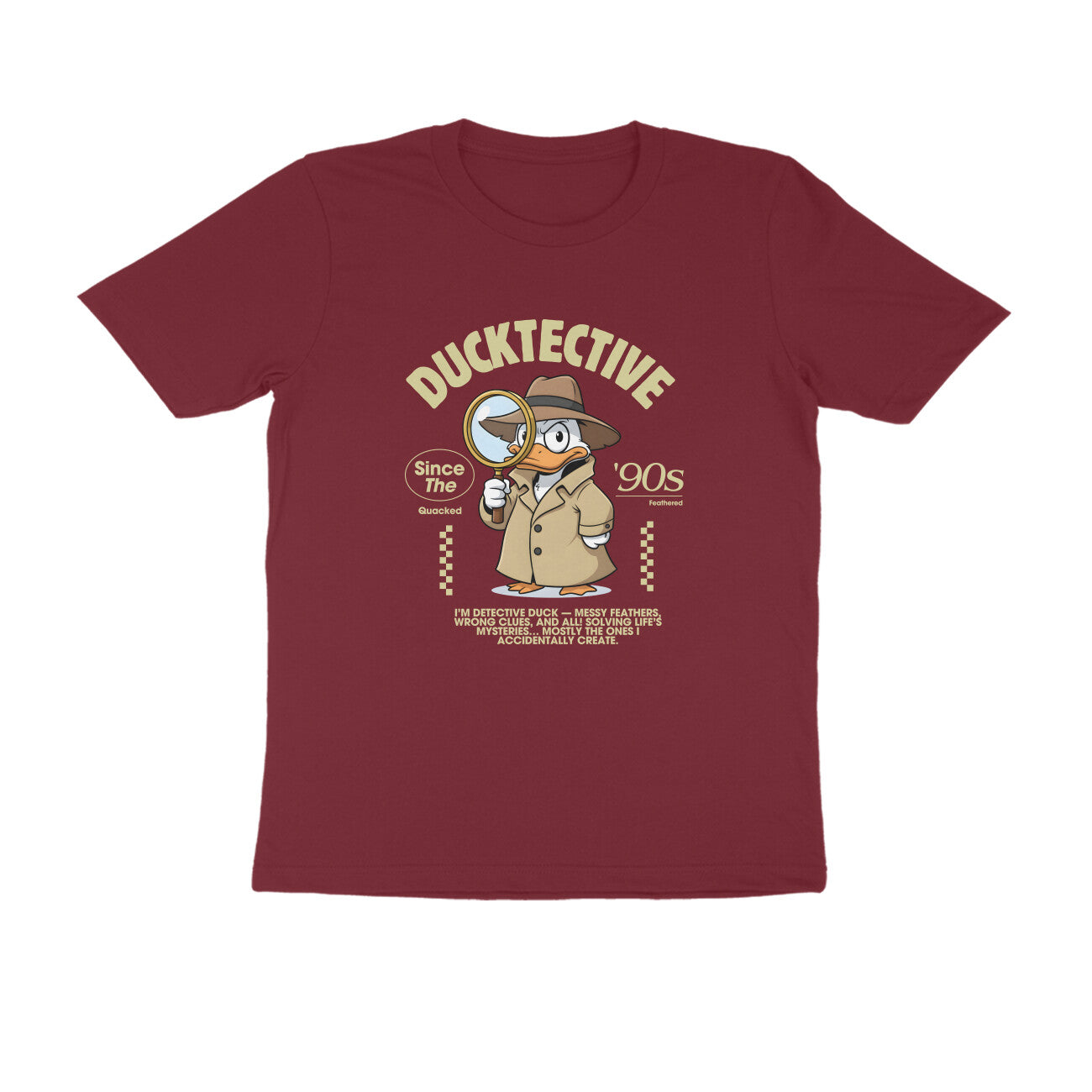 Maroon Ducktective T-Shirt – detective duck artwork on cotton tee