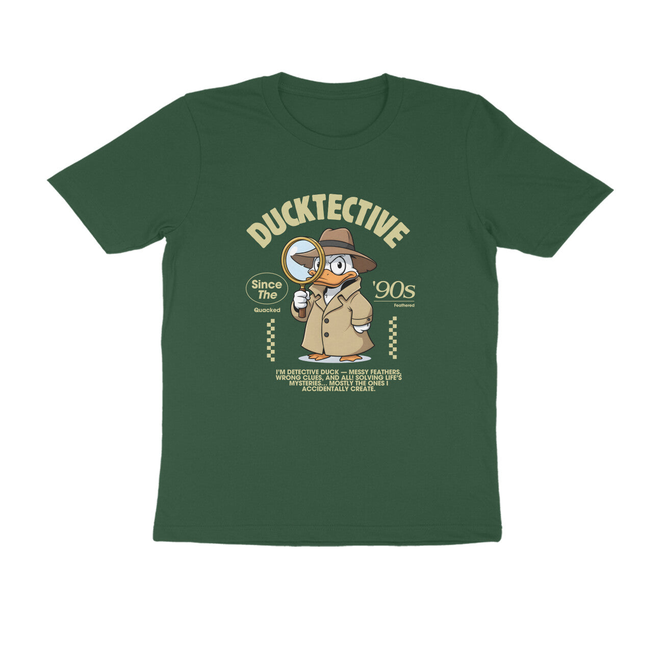 Olive Green Ducktective T-Shirt – detective duck artwork on cotton tee
