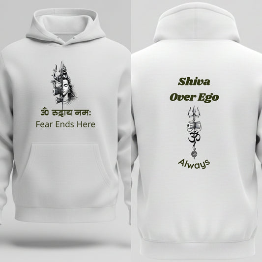 Artisianaura ॐ रुद्राय नमः hoodie Fear Ends Here white front view
